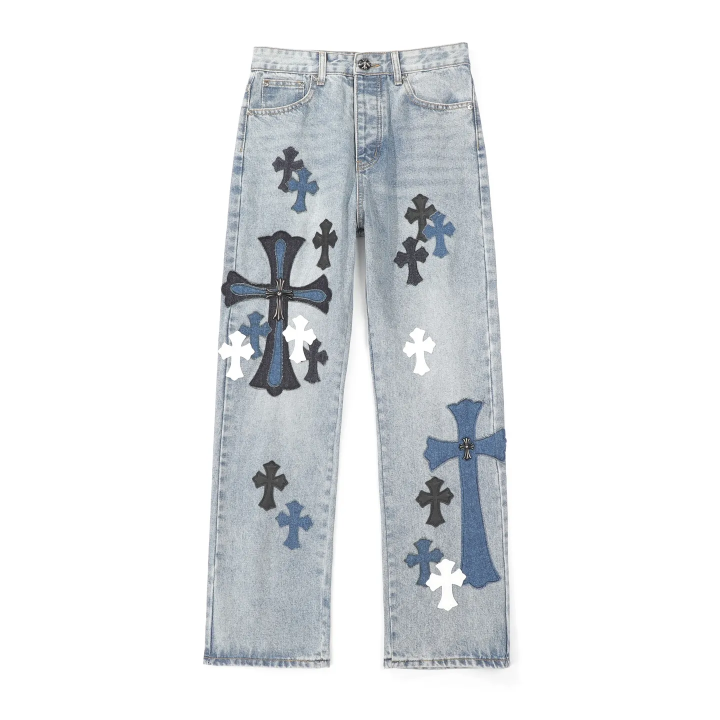 P310 Ch rare co-branded top item Chrome hearts new Chrome heart patchwork patchwork cross stitching micro-flare jeans Top-notch configuration, details are invincible! ! Cleanfit has become very popular in the past two years, and Kroxin’s consistent style is particularly high-end! ! Imported Japanese woven fabric ready-made clothes, genuine leather Crocodile leather labels and waist cloth leather tags are sewn on. The overall process is very cumbersome. The buttons on the trousers fly, rivets, back pockets, and metal decorative plates are all custom-made from molds. After they are finished, they are distressed to create a very effective effect. It has a vintage taste, and has been used by all kinds of big-name European and American celebrities. Kenijima’s cleanfit style has become popular all over the world. Top-grade hardware, pay attention to my detailed photos, the buttons are all detachable, and they are made of 925 engraved silver! ! Match as you like, suitable for both men and women ✔️✔️ Color: Blue Size: S M L XL